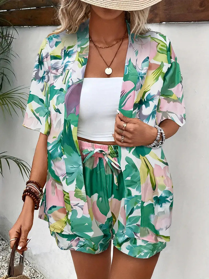 Printed Open Kimono Shirt And Shorts Set - Color_24