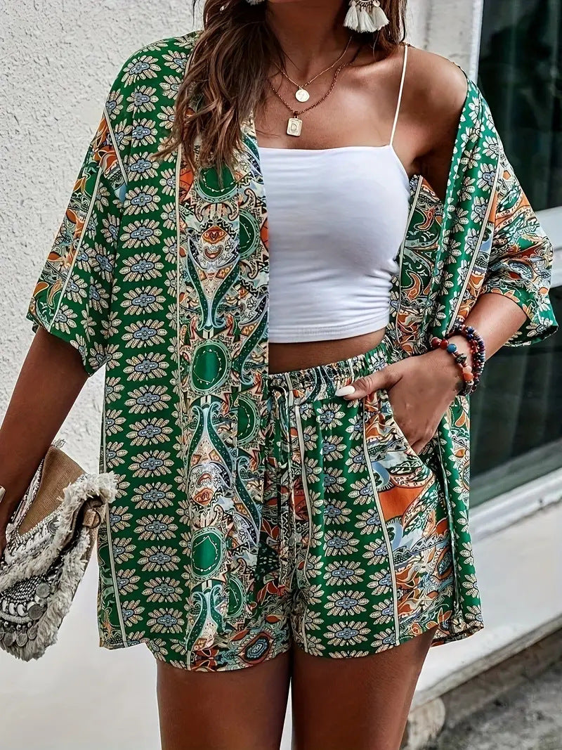 Printed Open Kimono Shirt And Shorts Set - Color_29