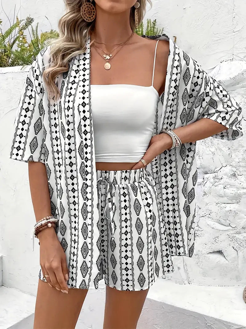 Printed Open Kimono Shirt And Shorts Set - Color_31