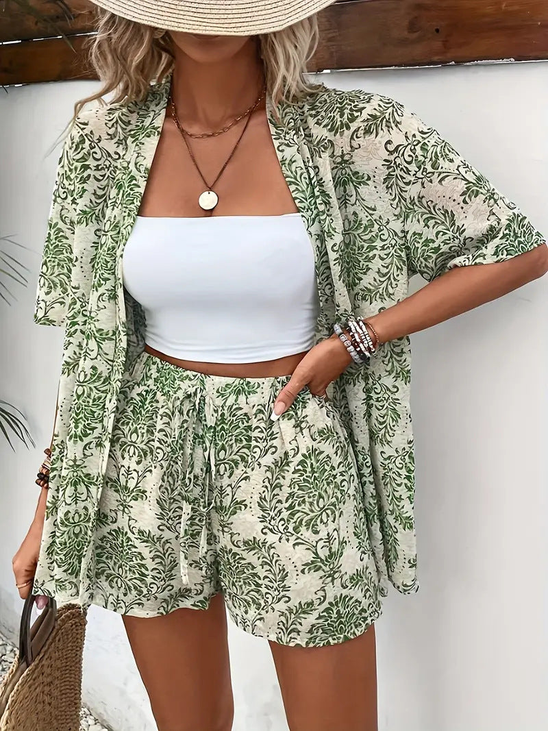 Printed Open Kimono Shirt And Shorts Set - Color_8