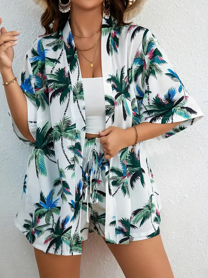 Printed Open Kimono Shirt And Shorts Set - Color_9