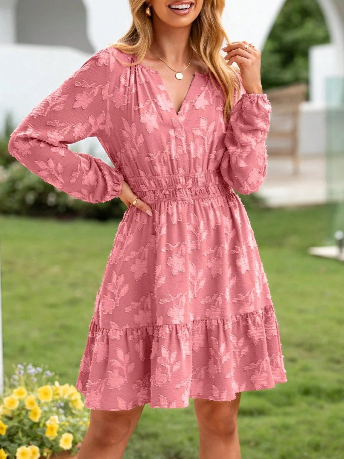 Floral Jacquard Long Sleeve Ruffle Dress - Pink