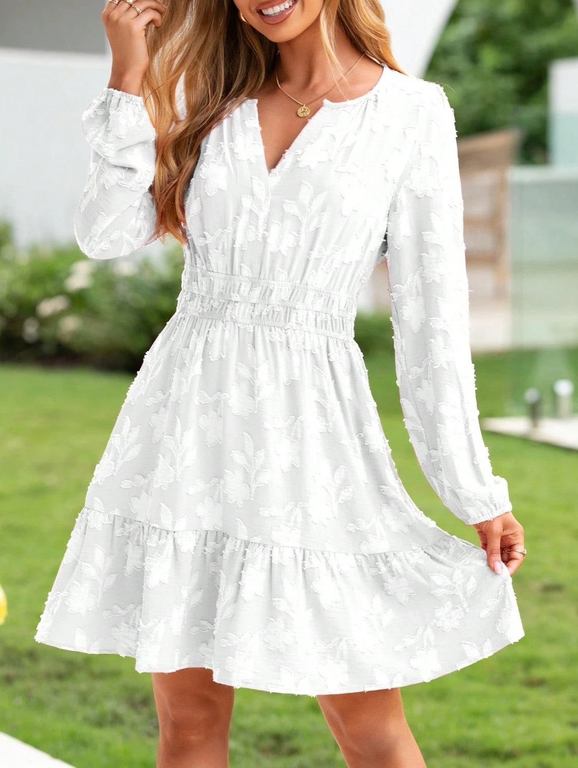 Floral Jacquard Long Sleeve Ruffle Dress - White
