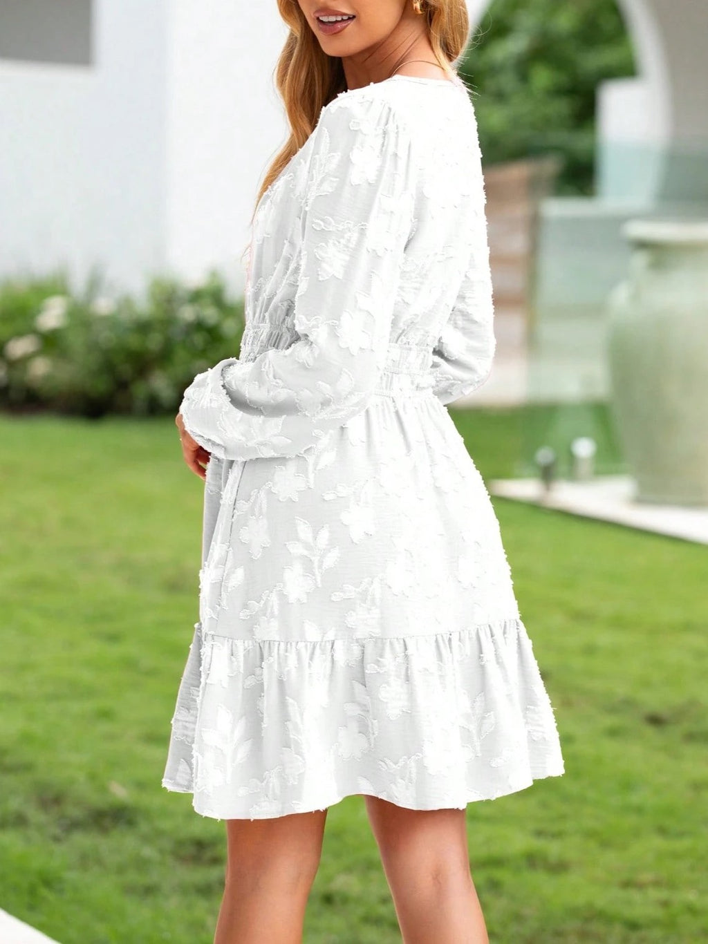Floral Jacquard Long Sleeve Ruffle Dress - White - 2