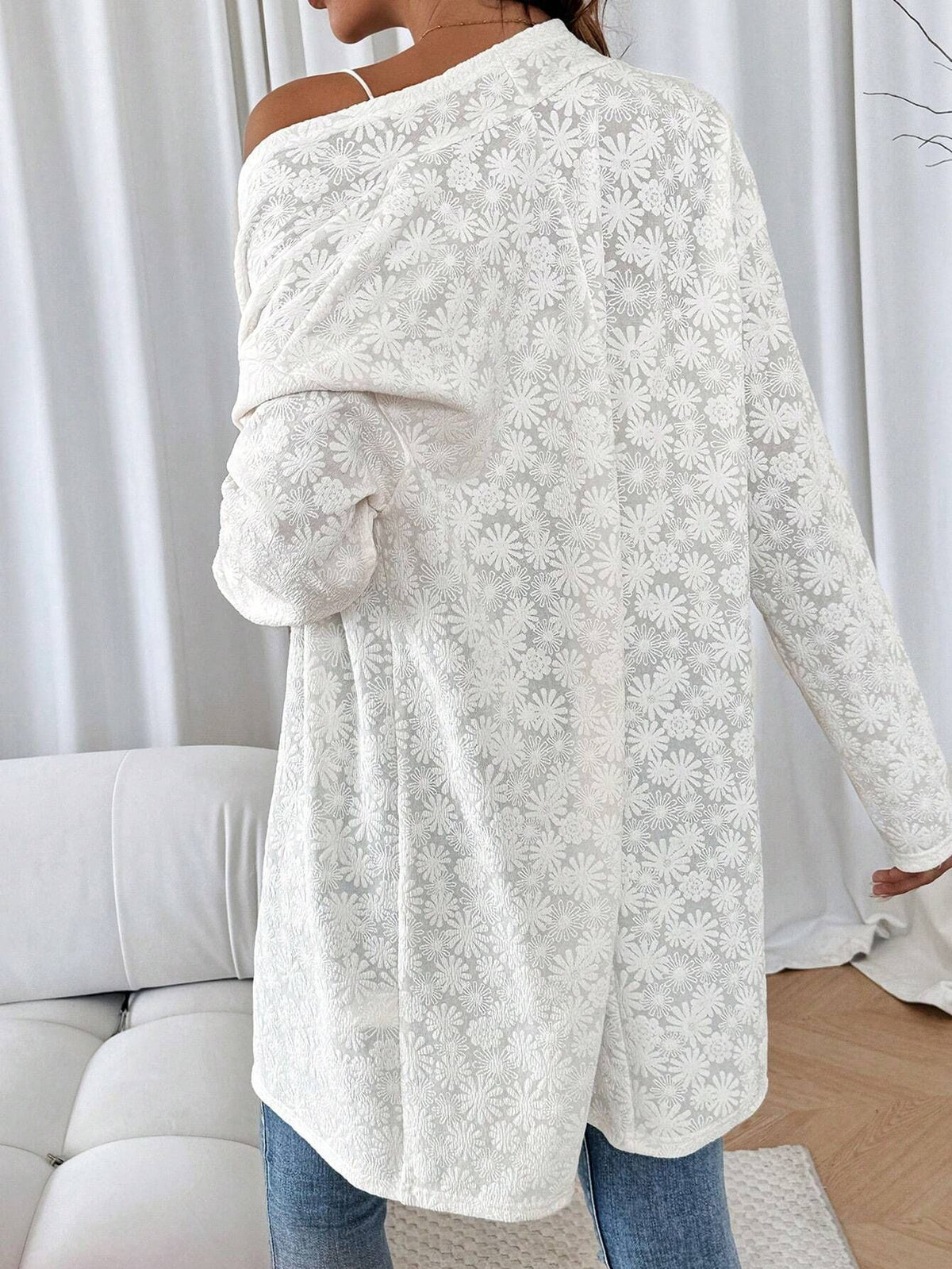Floral Jacquard Open Front Longline Cardigan - White - 1