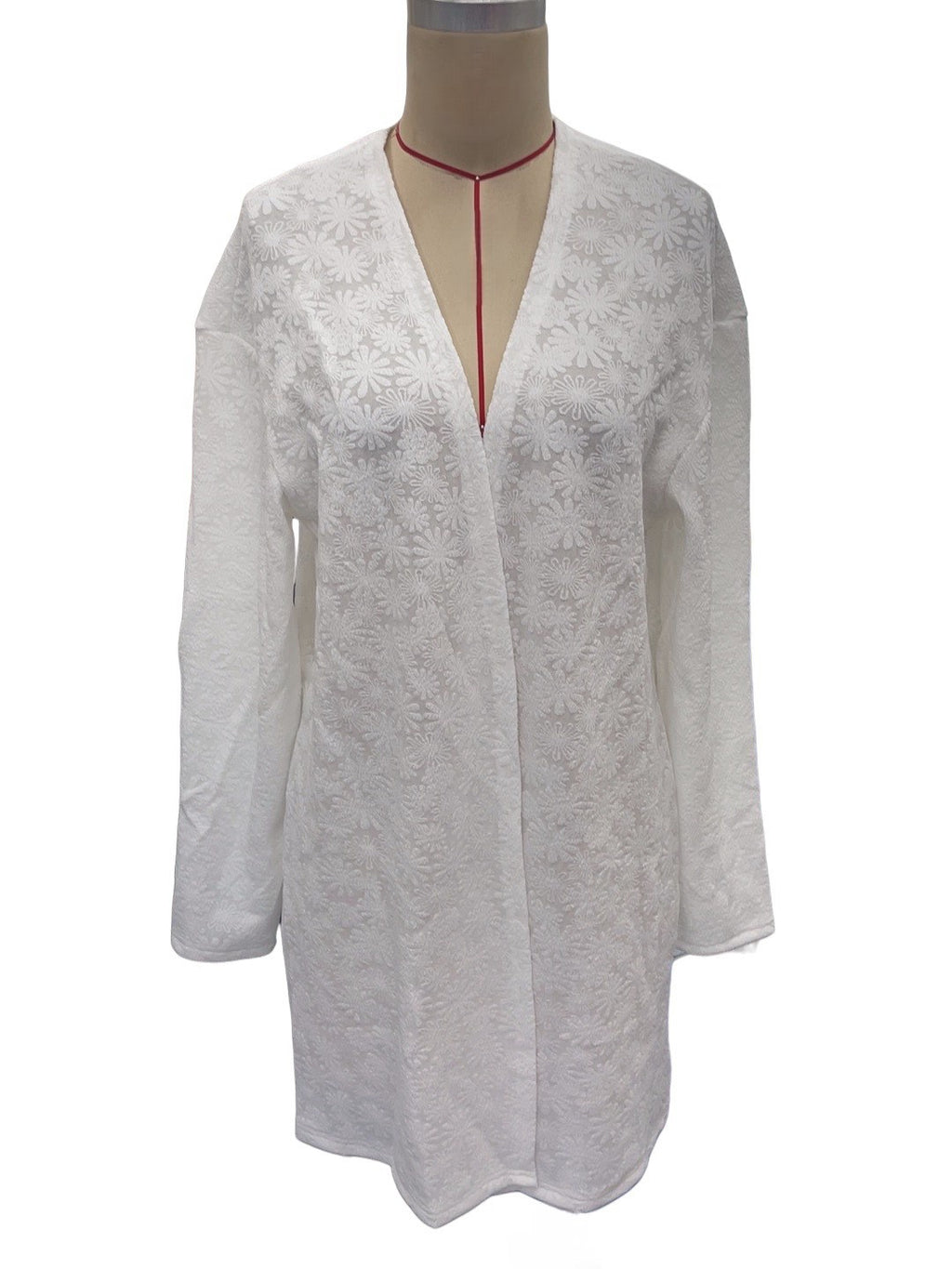 Floral Jacquard Open Front Longline Cardigan - White - 2