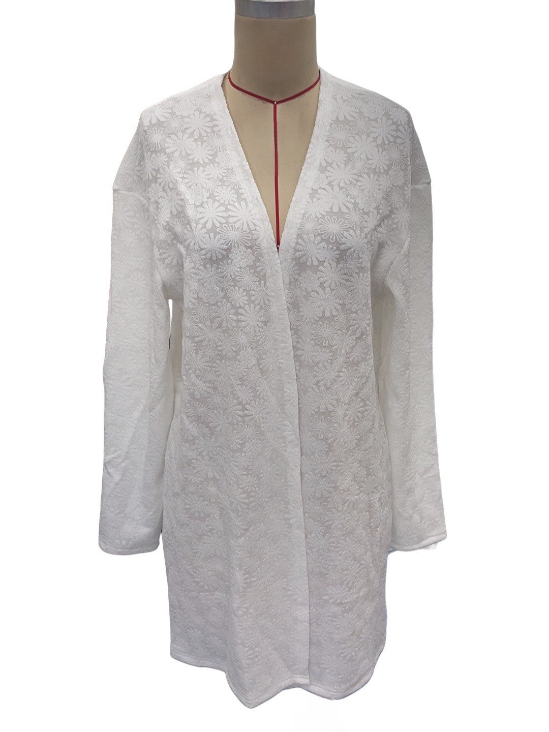 Floral Jacquard Open Front Longline Cardigan - White - 2