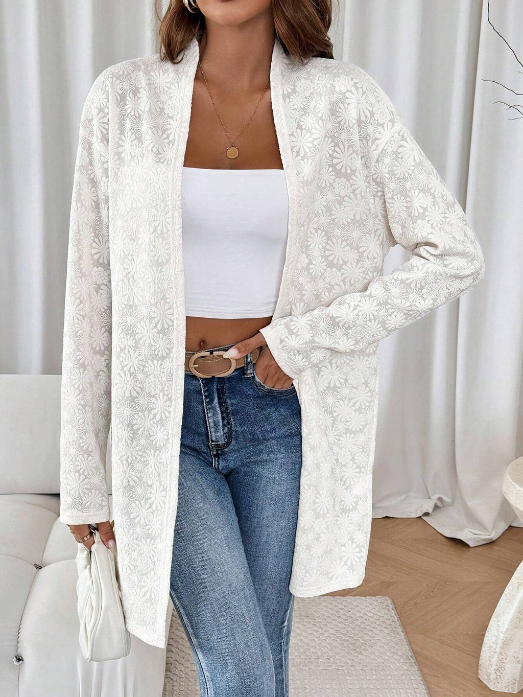 Floral Jacquard Open Front Longline Cardigan - White - 3