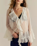 Cascading Ruffle Chiffon Blouse With Bell Sleeves - Apricot