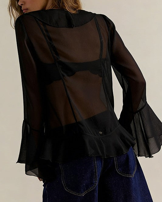 Cascading Ruffle Chiffon Blouse With Bell Sleeves - Black - 2