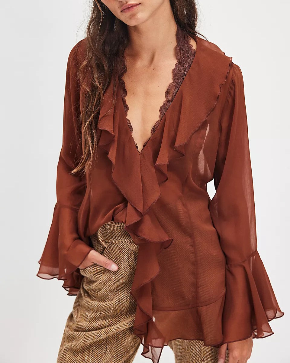 Cascading Ruffle Chiffon Blouse With Bell Sleeves - Red
