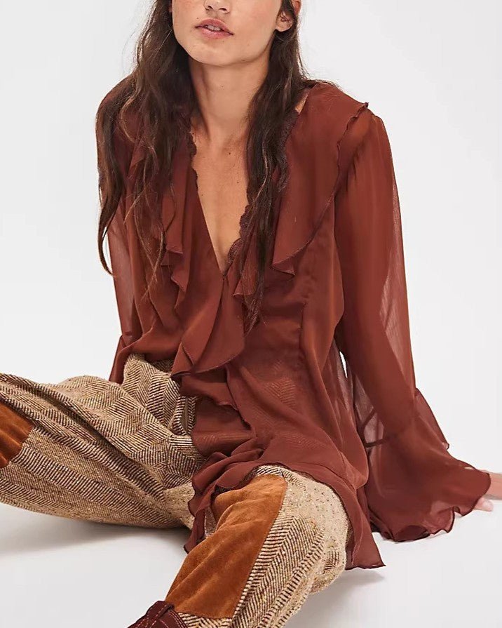 Cascading Ruffle Chiffon Blouse With Bell Sleeves - Red - 1