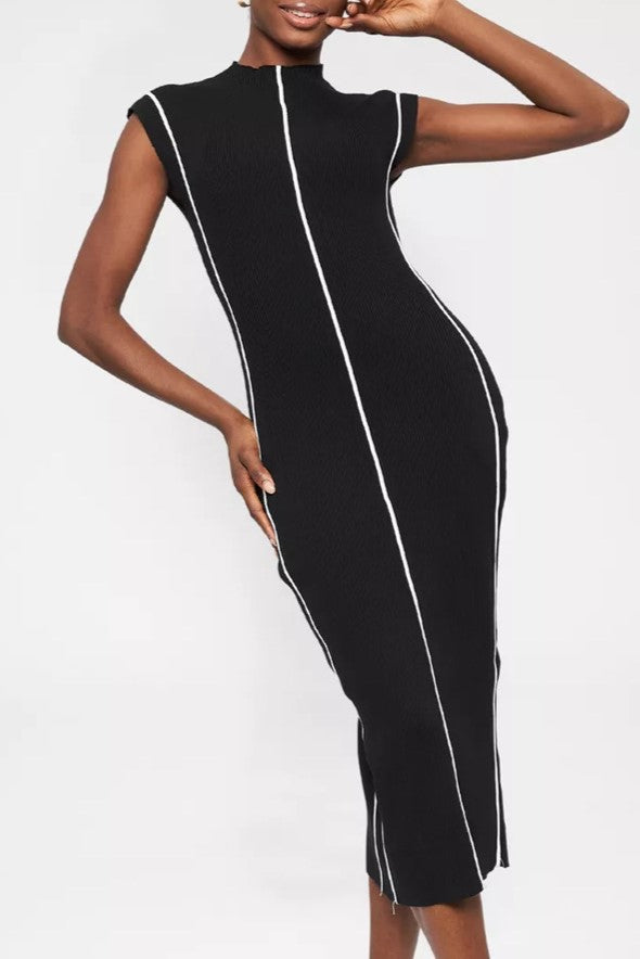 Sleeveless Piped High Neck Knit Dress - Long