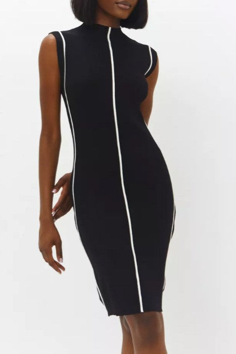 Sleeveless Piped High Neck Knit Dress - Midi
