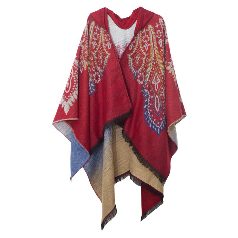 Fringed Paisley Hooded Ruana Wrap - Red