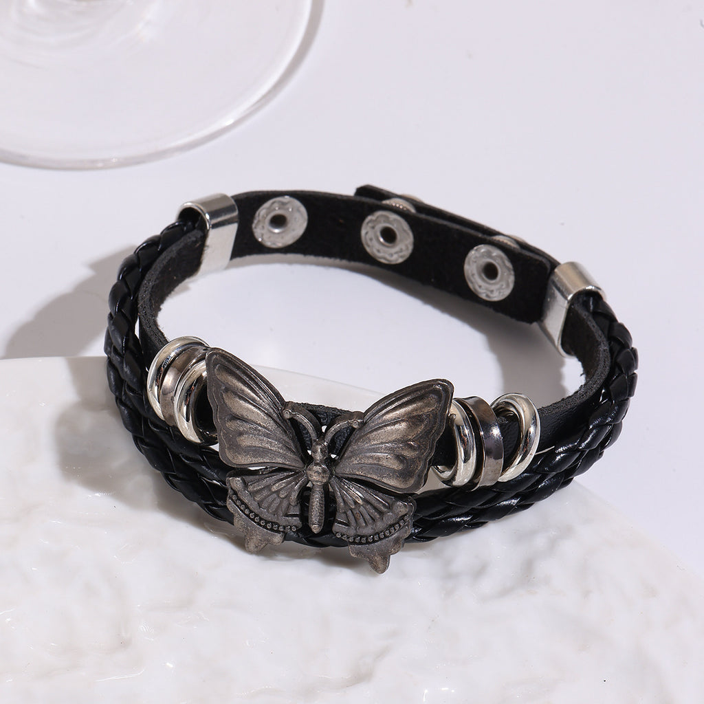 Butterfly Charm Braided Faux Leather Cuff Bracelet - Black