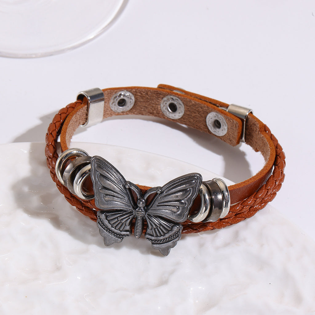 Butterfly Charm Braided Faux Leather Cuff Bracelet - Coffee