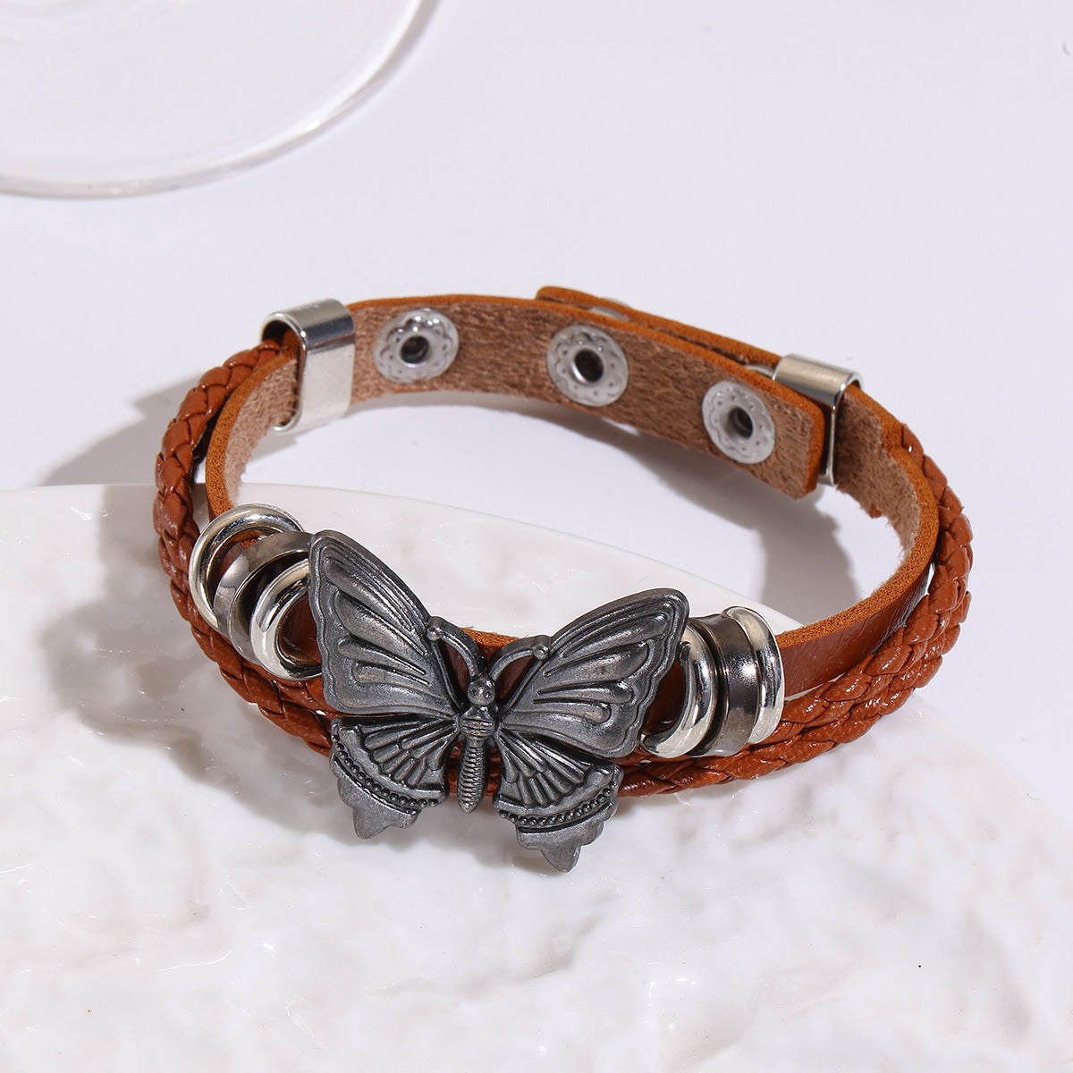 Butterfly Charm Braided Faux Leather Cuff Bracelet - Coffee