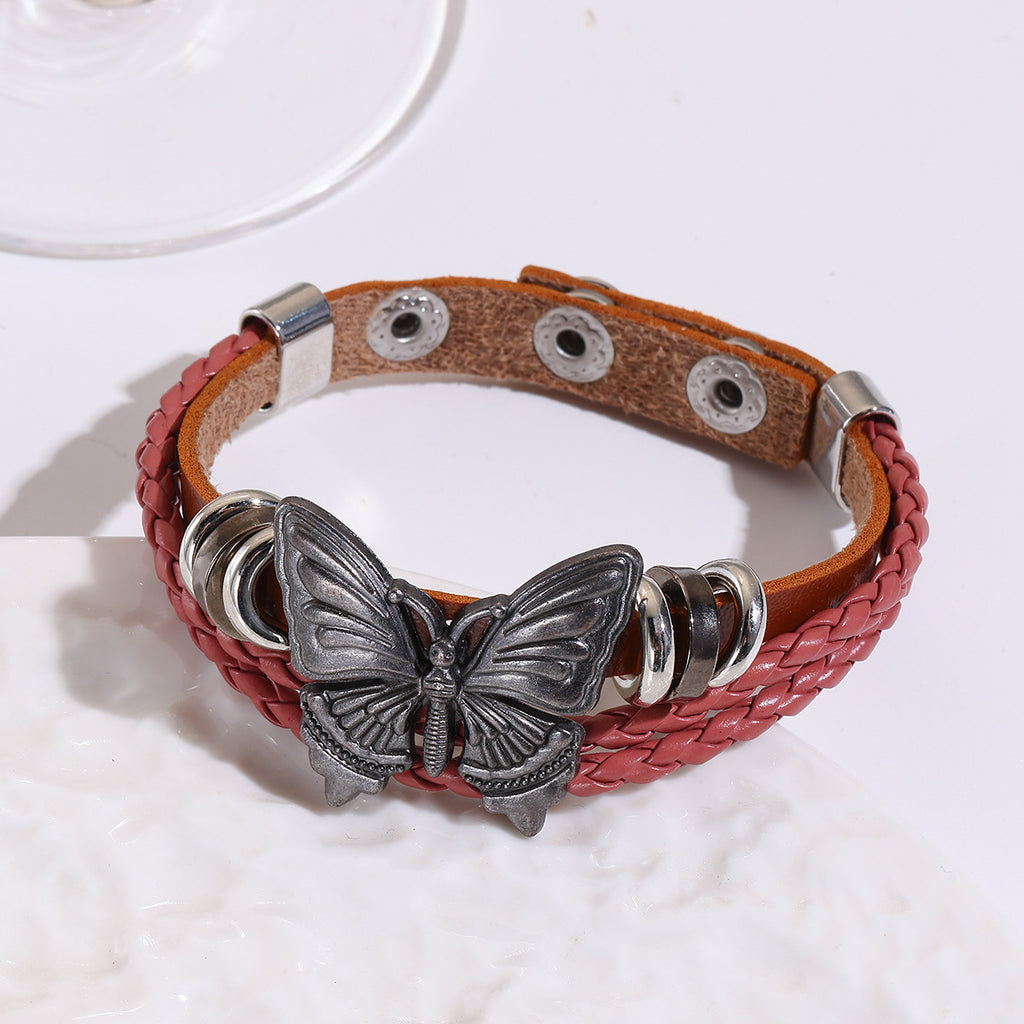 Butterfly Charm Braided Faux Leather Cuff Bracelet - Pink