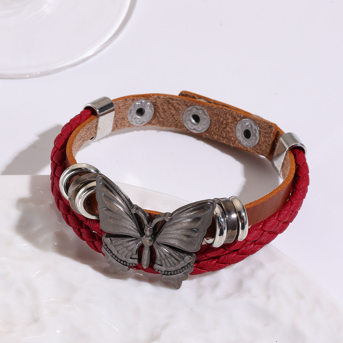 Butterfly Charm Braided Faux Leather Cuff Bracelet - Red