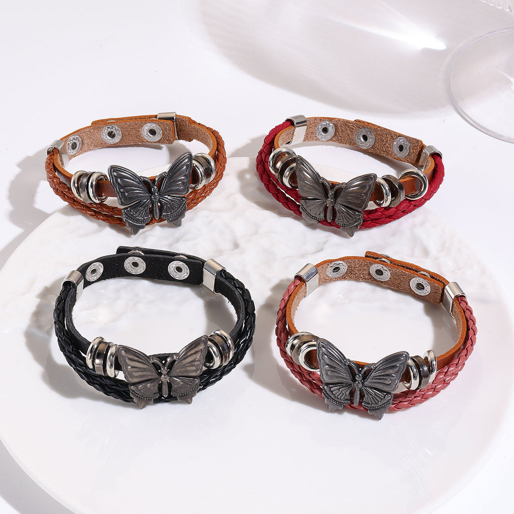 Butterfly Charm Braided Faux Leather Cuff Bracelet