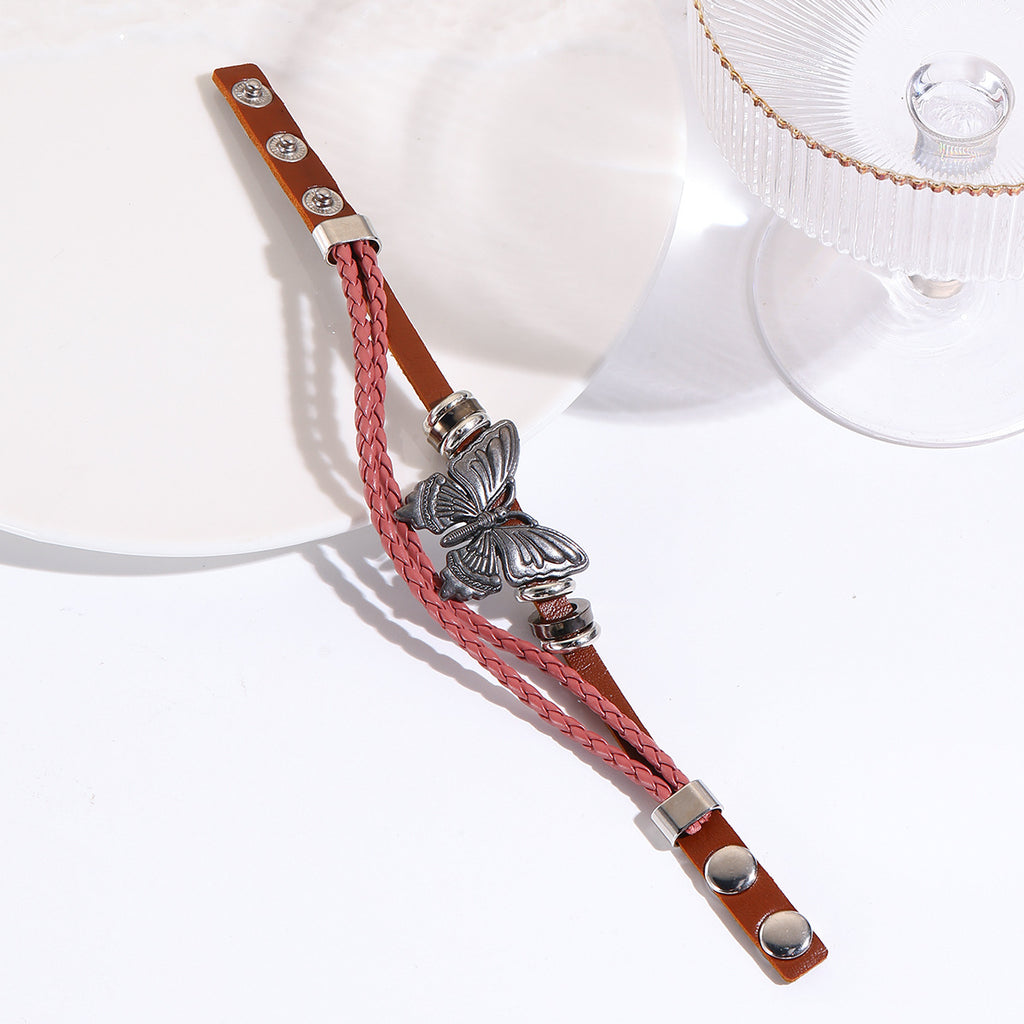 Butterfly Charm Braided Faux Leather Cuff Bracelet - view 1