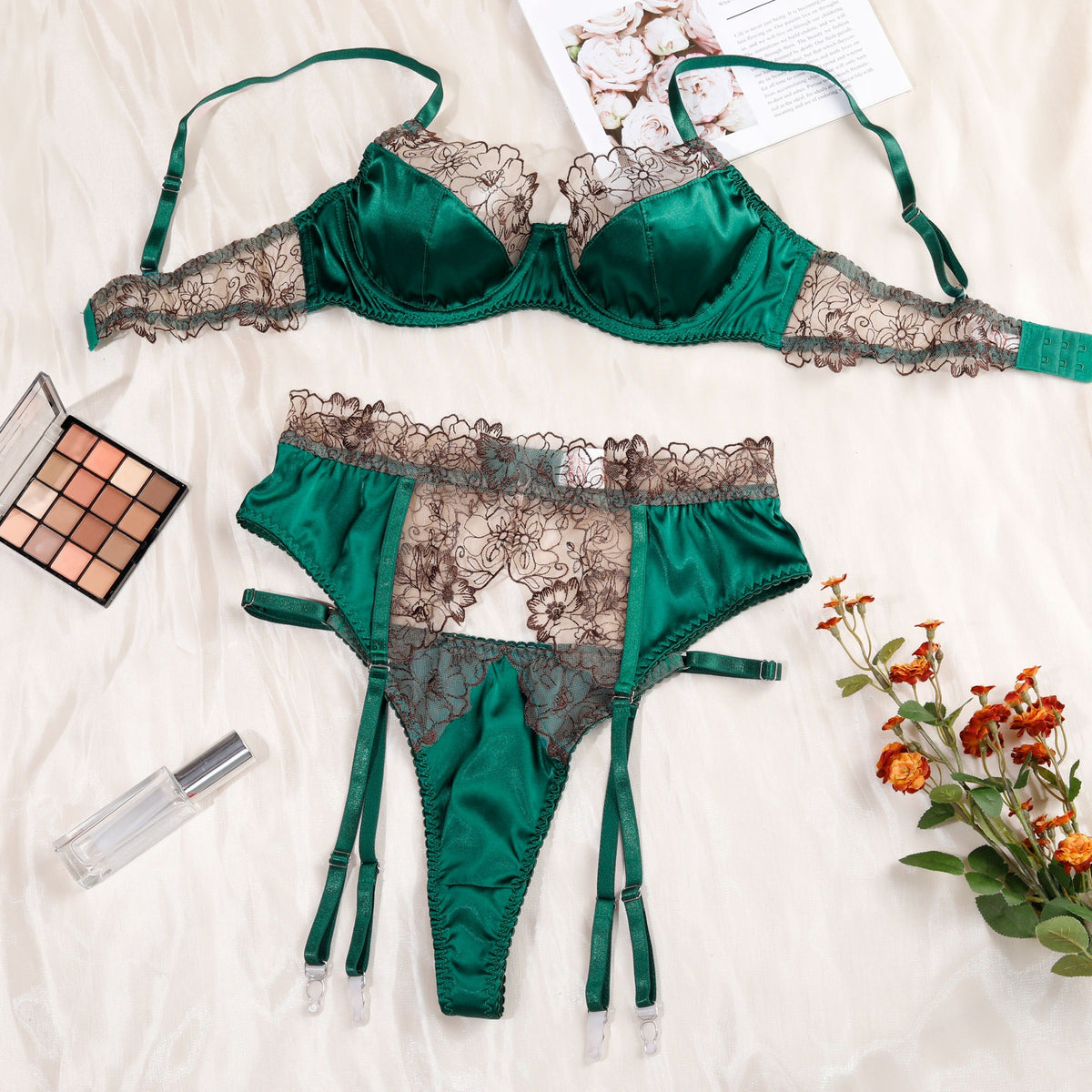 Emerald Satin Embroidered Lace Underwire Garter Set