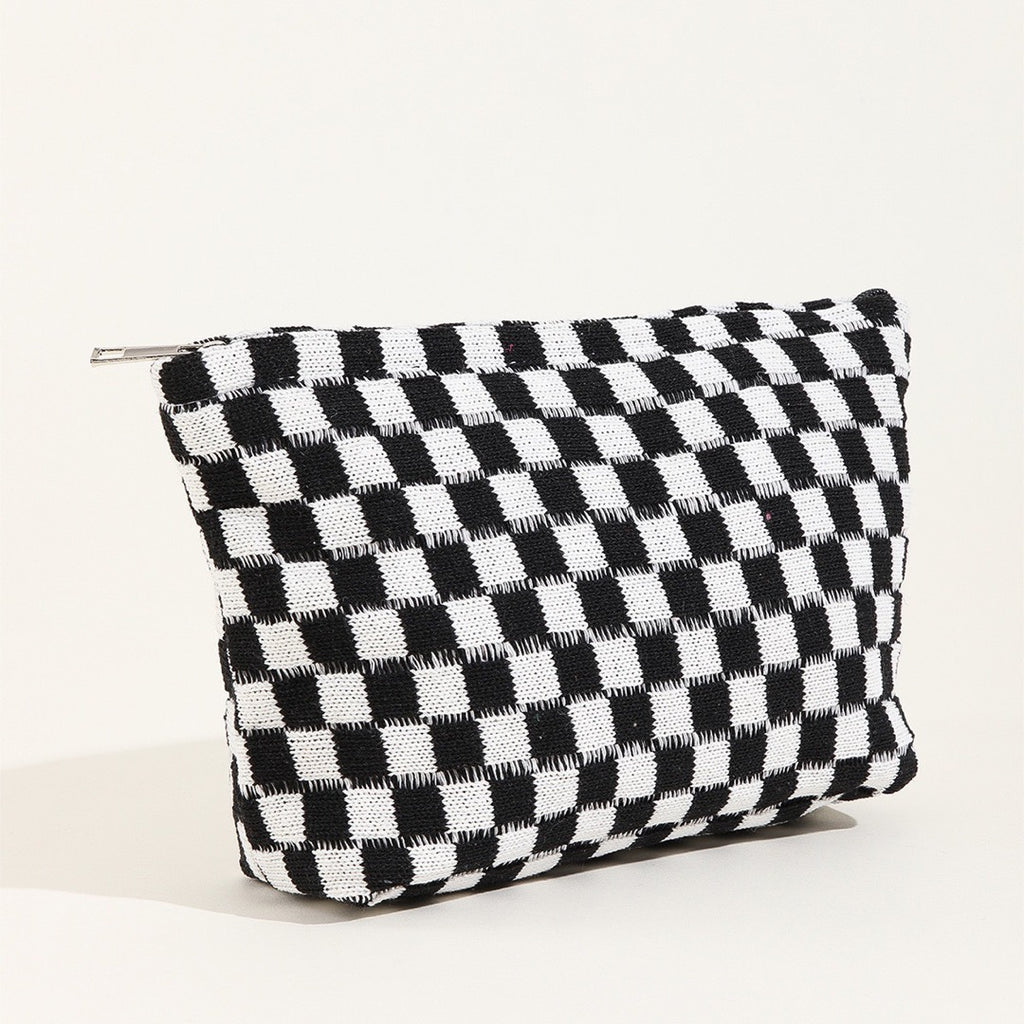 Checkerboard Knit Cosmetic Pouch With Zip - Black