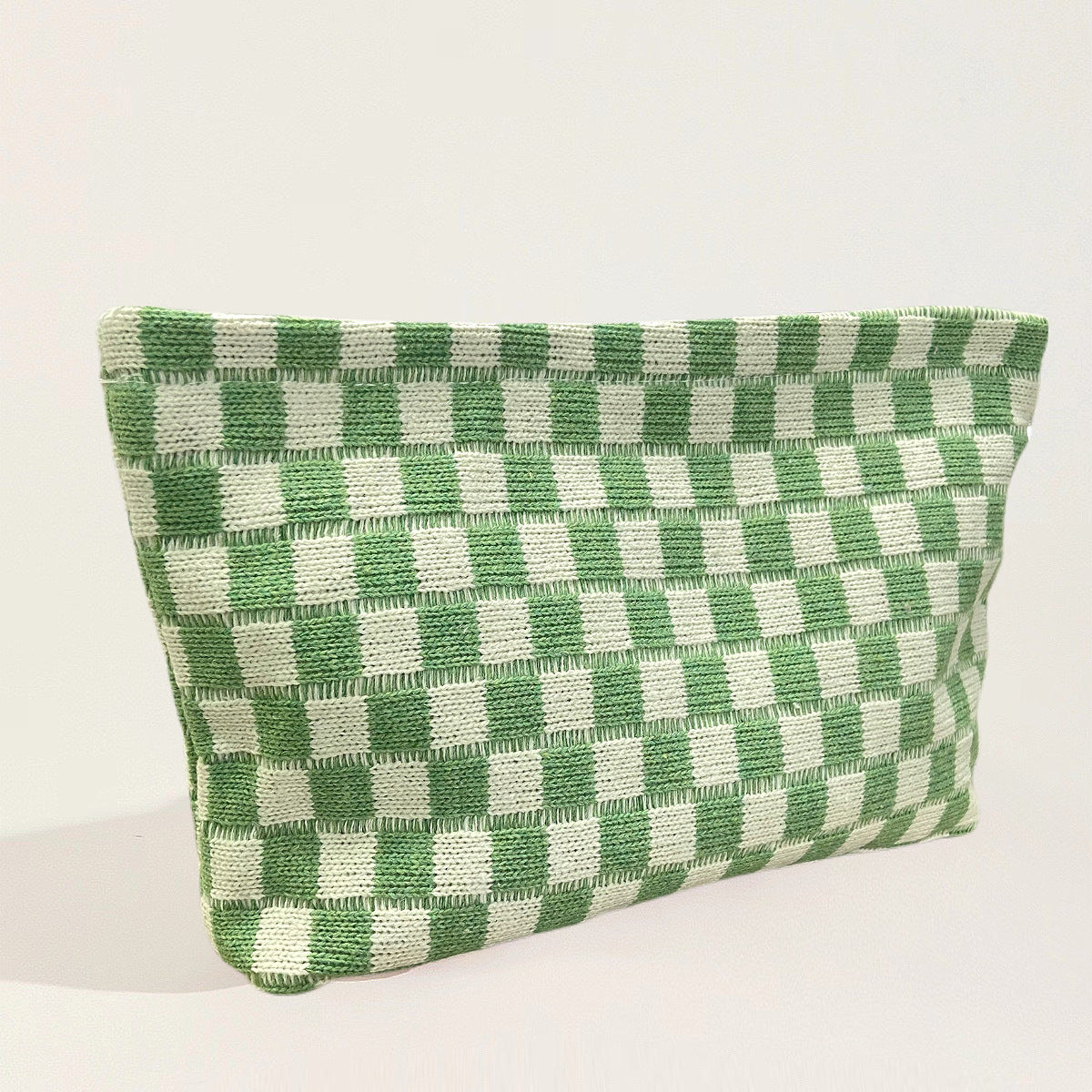 Checkerboard Knit Cosmetic Pouch With Zip - LightGreen