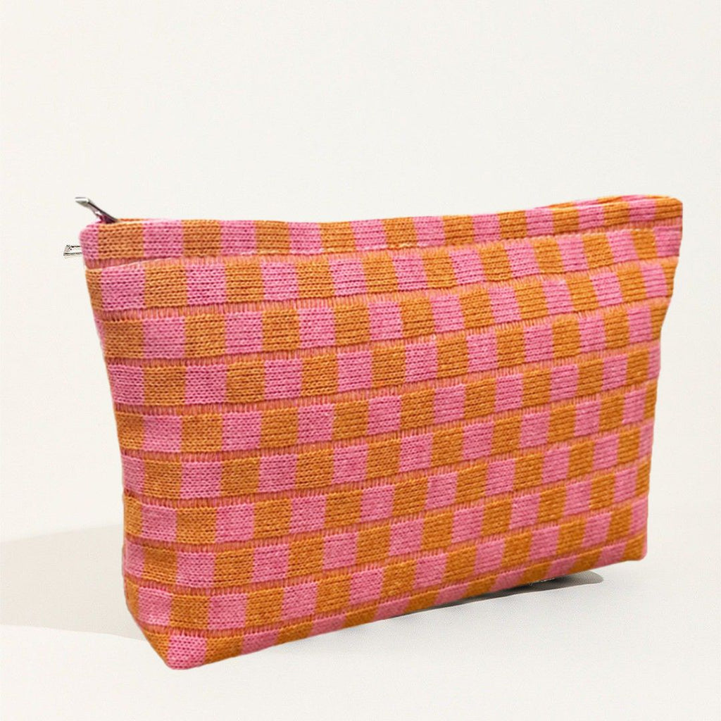 Checkerboard Knit Cosmetic Pouch With Zip - Orange