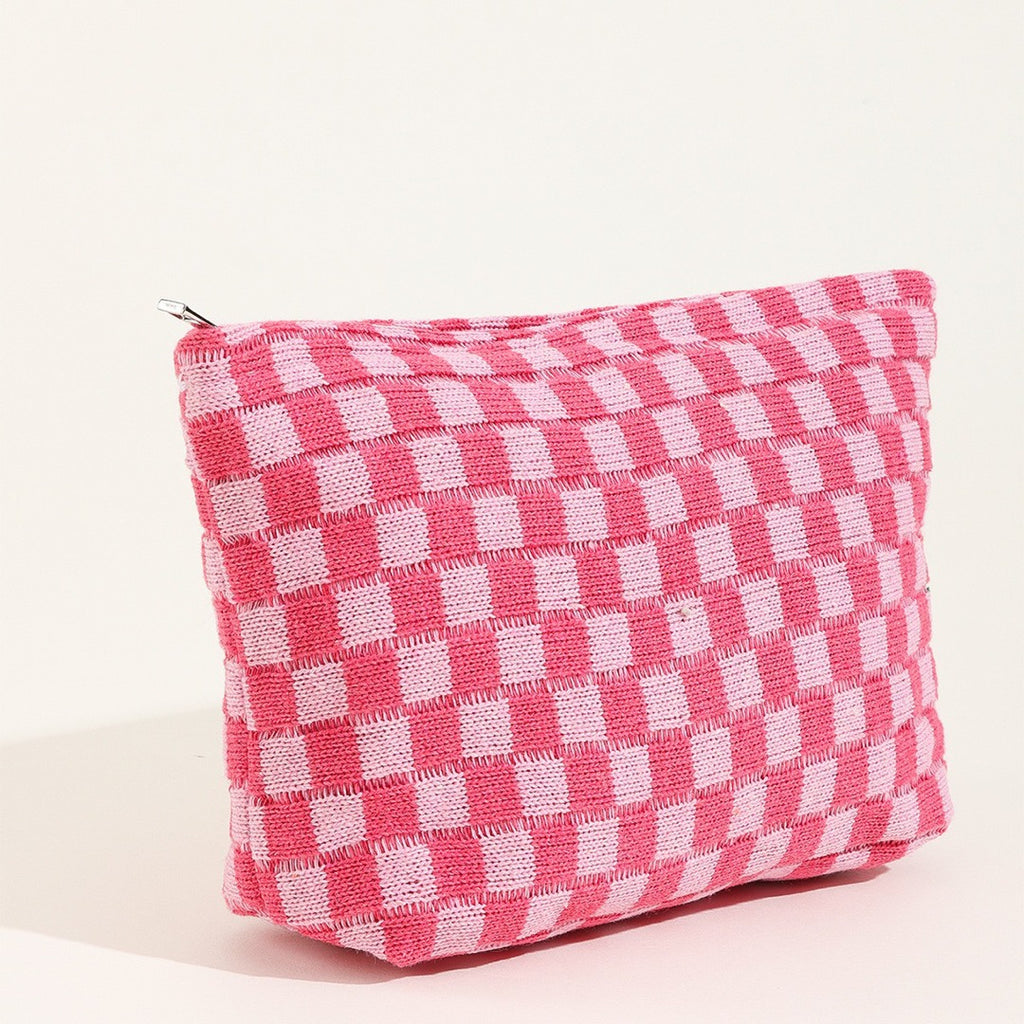 Checkerboard Knit Cosmetic Pouch With Zip - Pink