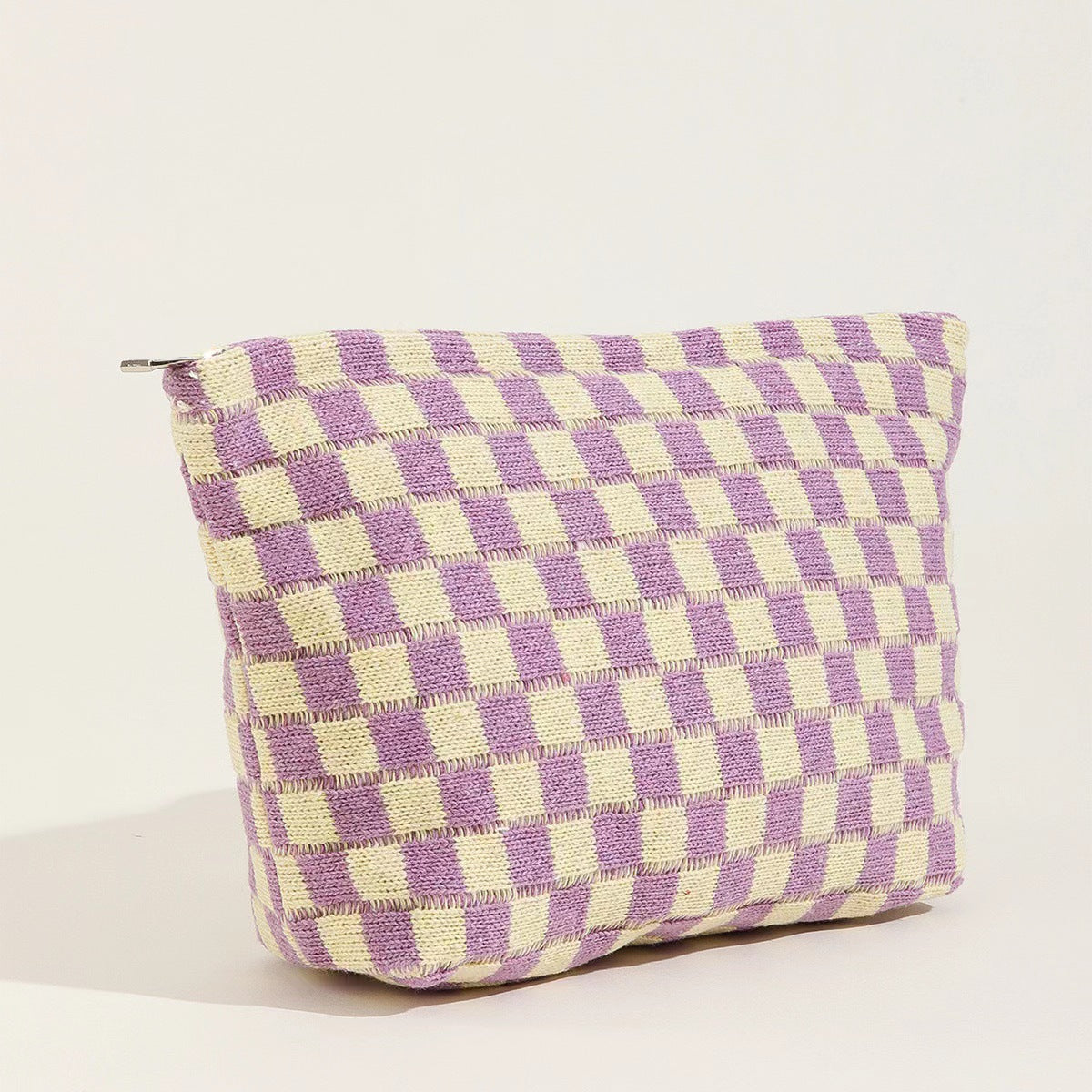 Checkerboard Knit Cosmetic Pouch With Zip - Purple