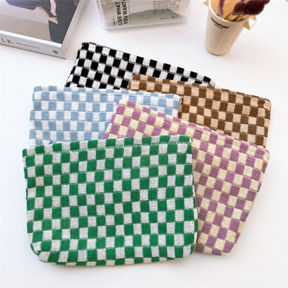 Checkerboard Knit Cosmetic Pouch With Zip - view 3