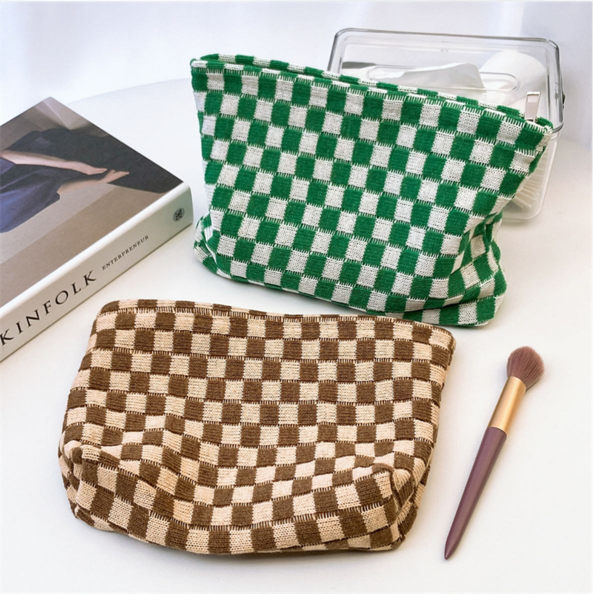 Checkerboard Knit Cosmetic Pouch With Zip - view 5