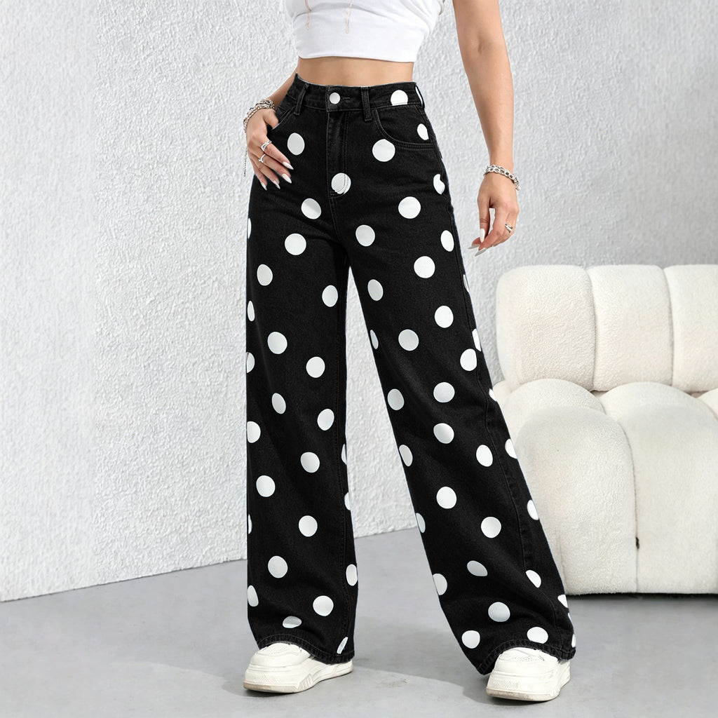 Bold Dot Print High Rise Wide Leg Jeans - Black