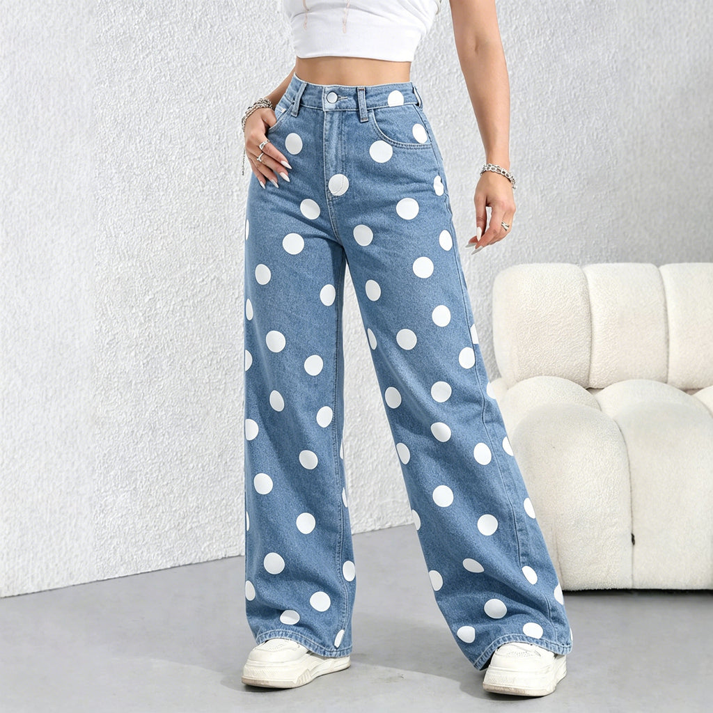 Bold Dot Print High Rise Wide Leg Jeans - Blue