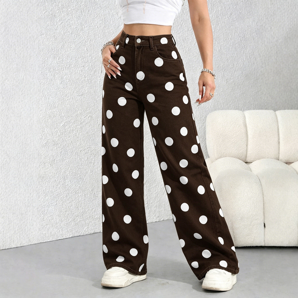 Bold Dot Print High Rise Wide Leg Jeans - Coffee