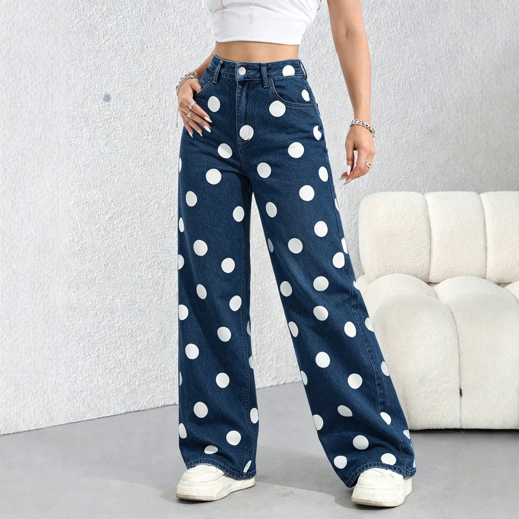 Bold Dot Print High Rise Wide Leg Jeans - Dark_Blue