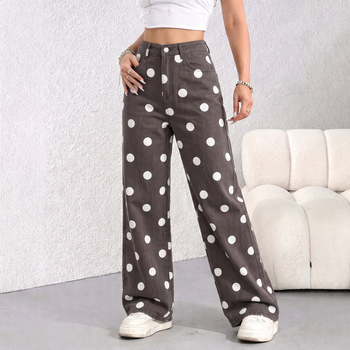 Bold Dot Print High Rise Wide Leg Jeans - Dark_Brown