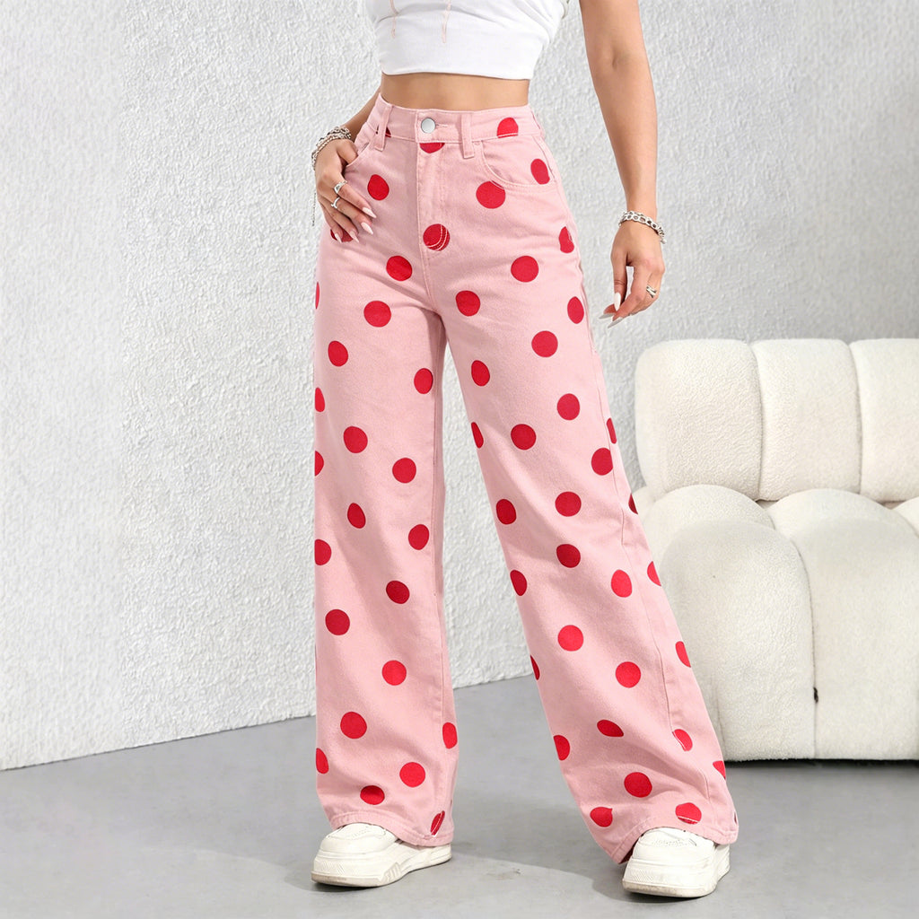 Bold Dot Print High Rise Wide Leg Jeans - Pink