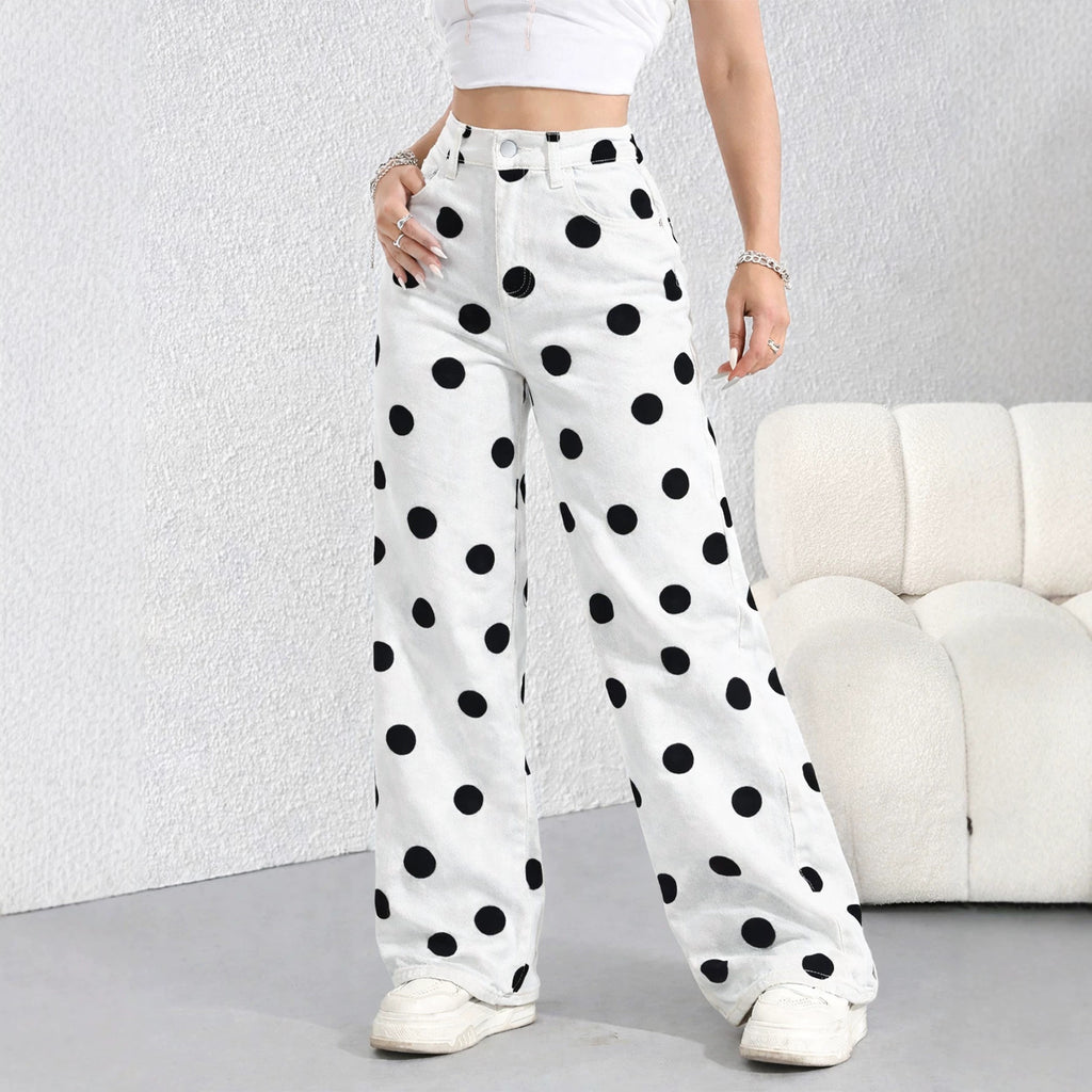 Bold Dot Print High Rise Wide Leg Jeans - White