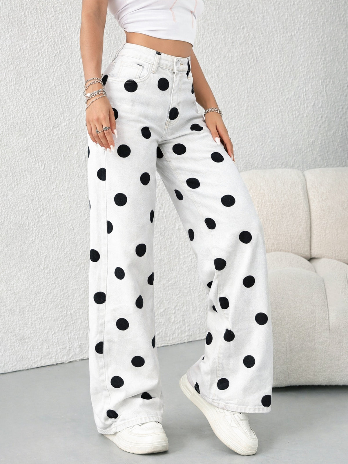 Bold Dot Print High Rise Wide Leg Jeans - White - 1