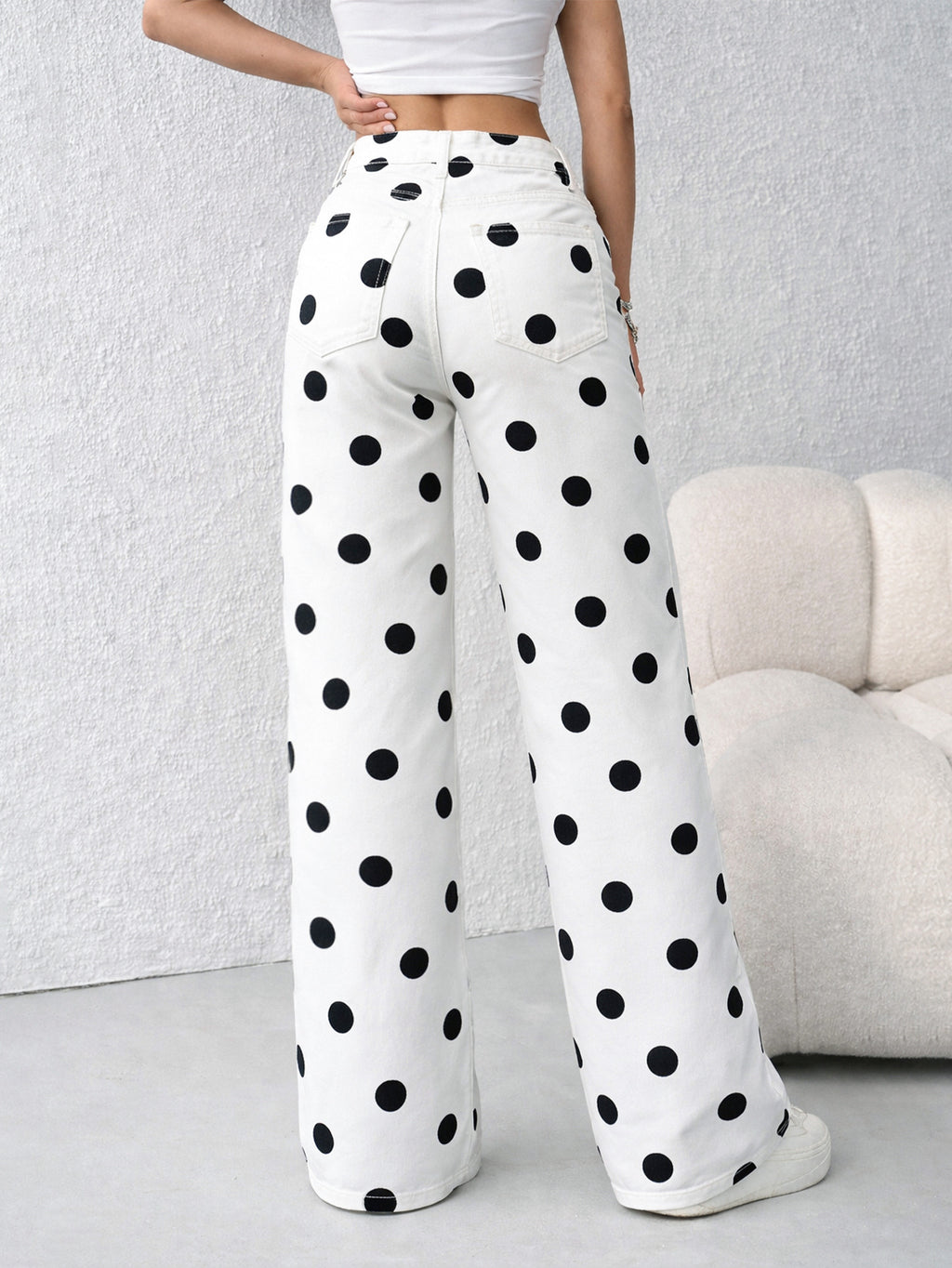 Bold Dot Print High Rise Wide Leg Jeans - White - 2