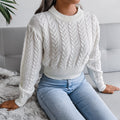 Cropped Cable Knit Ribbed Waist Crew Neck Sweater - Ivory