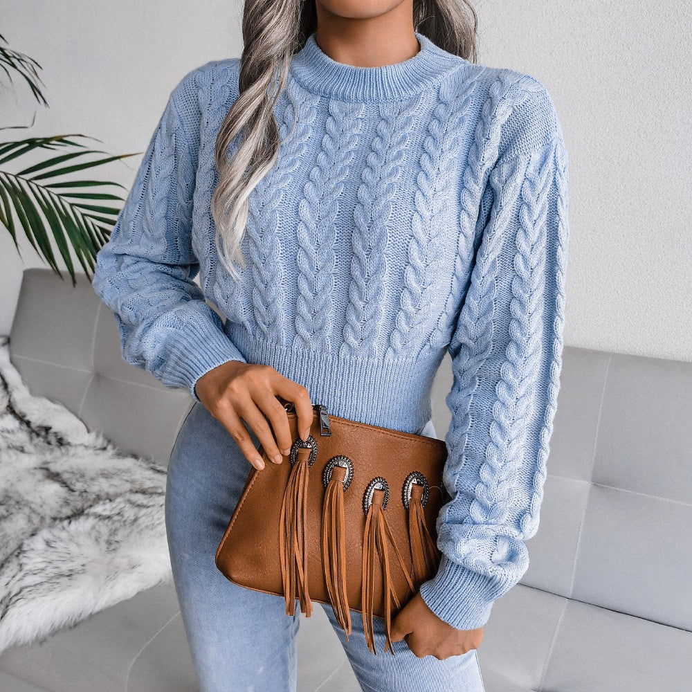 Cropped Cable Knit Ribbed Waist Crew Neck Sweater