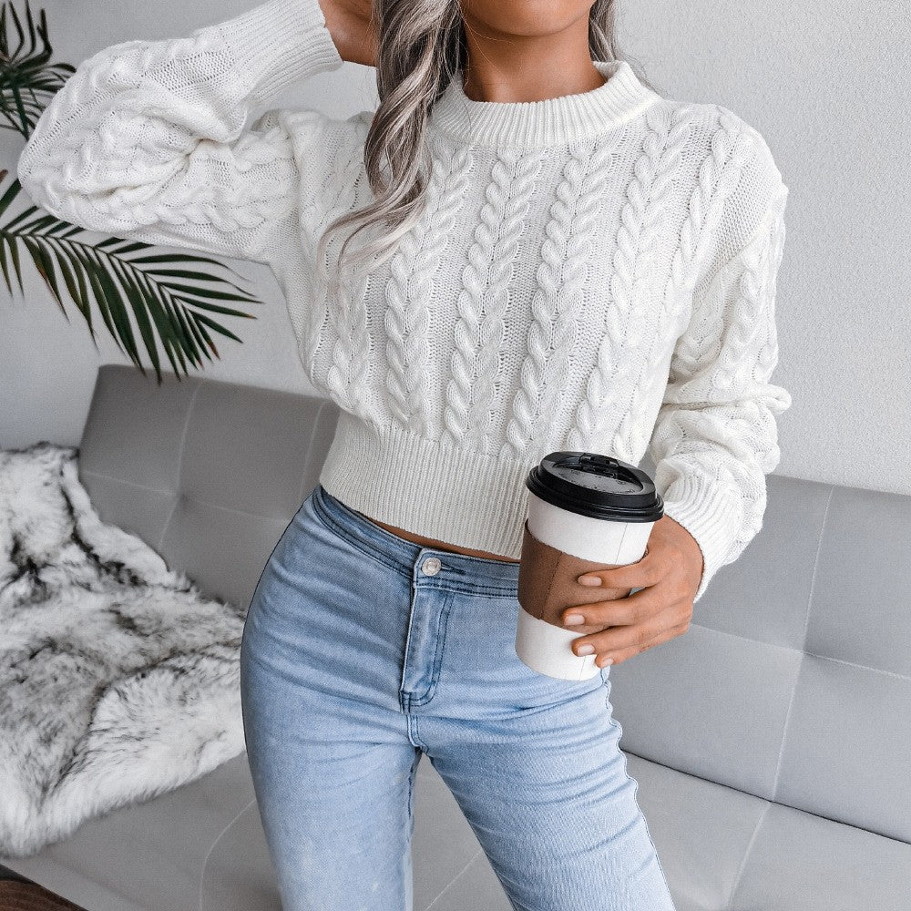 Cropped Cable Knit Ribbed Waist Crew Neck Sweater