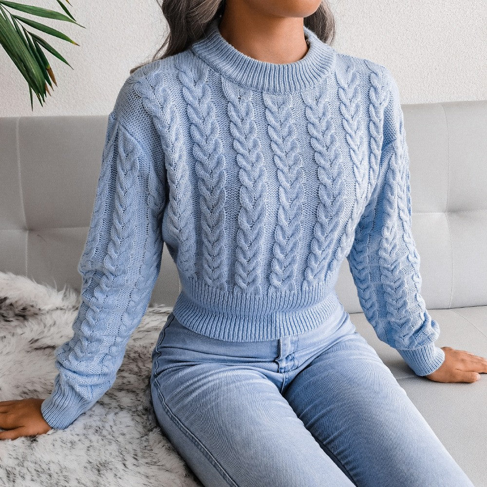 Cropped Cable Knit Ribbed Waist Crew Neck Sweater