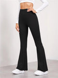 Ribbed Knit High Waist Flare Yoga Leggings - Black