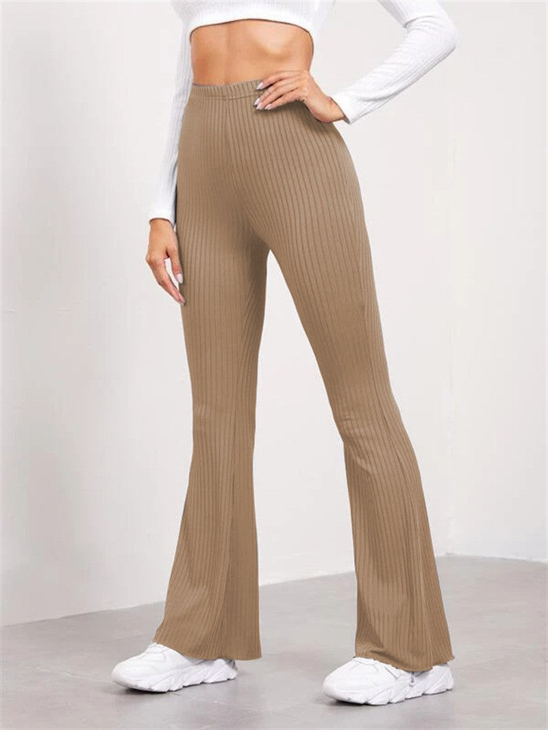 Ribbed Knit High Waist Flare Yoga Leggings - Camel