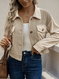 Houndstooth Panel Corduroy Cropped Jacket - Khaki